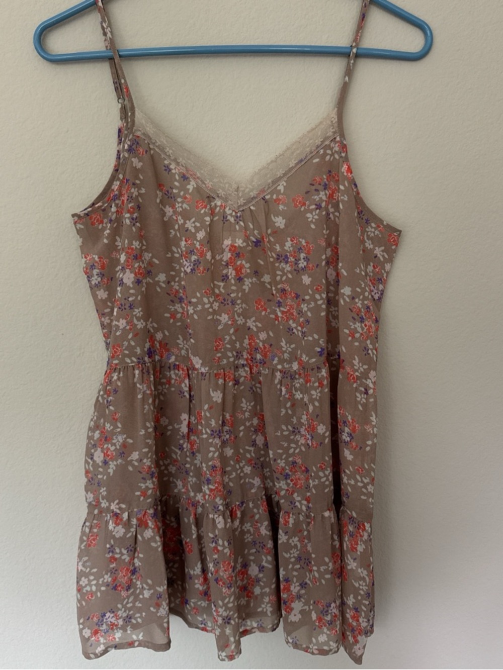 Wild Pearl Taupe Floral Lace-Trim Spaghetti Strap Top